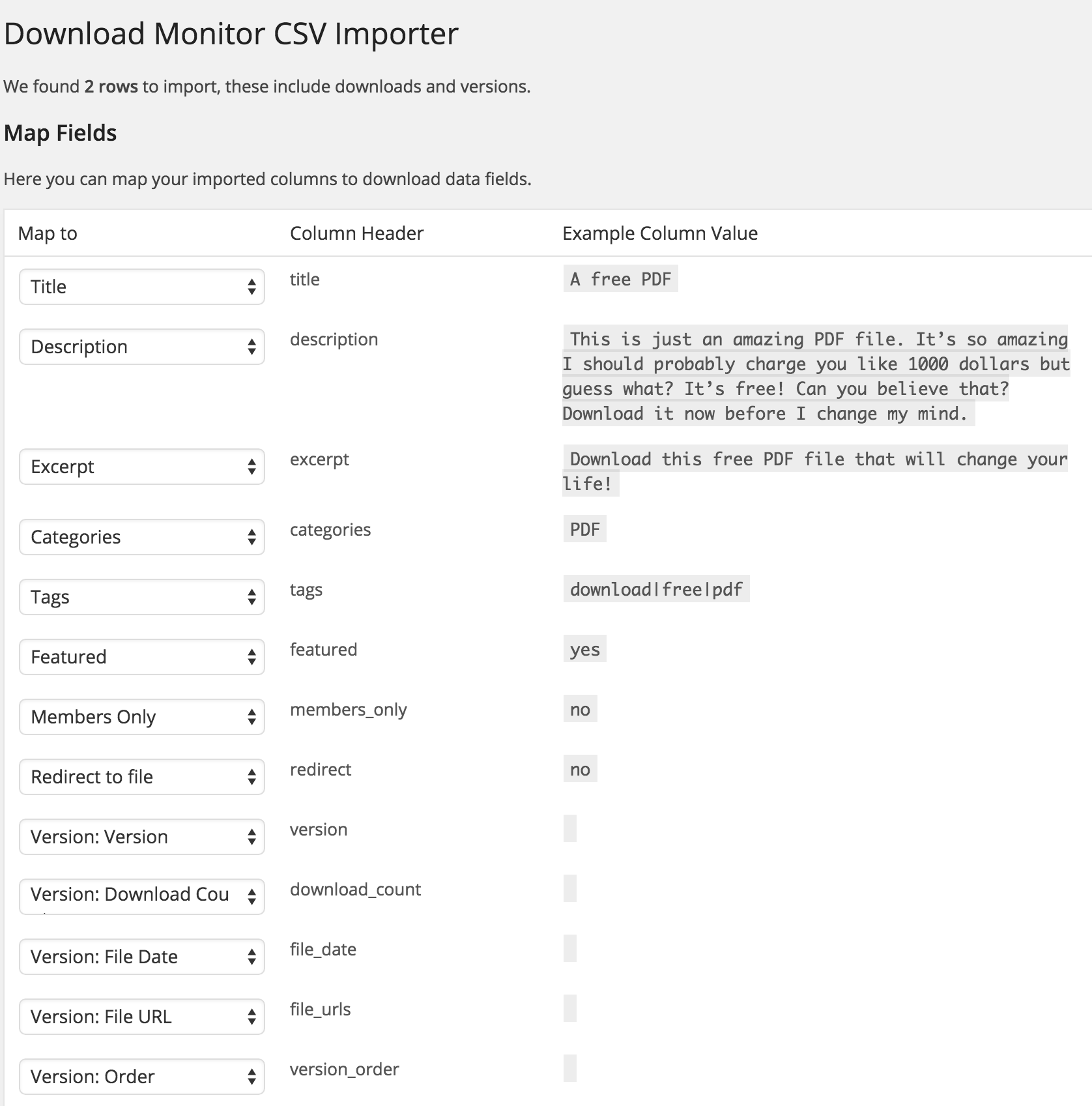 Map the CSV columns to the correct Download fields