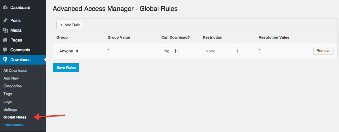 Global Access Rules provide an easy way to setup access rules for all your downloads