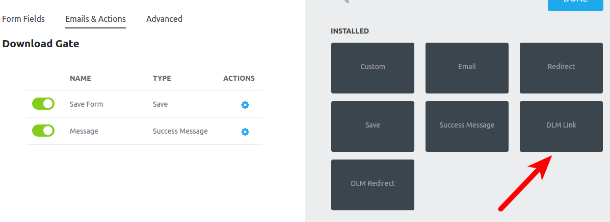 Add the 'DLM Link' action to automatically add a Download Link to your success message.