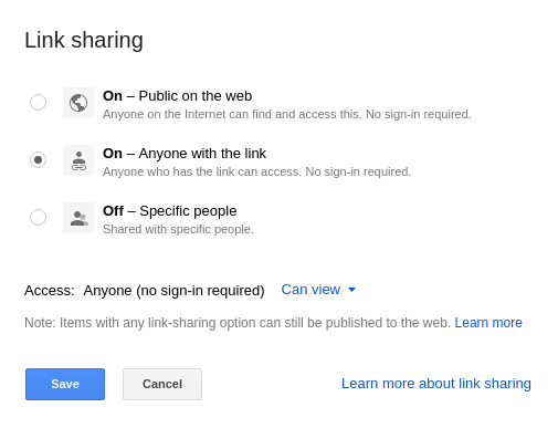 Select your preferred way of sharing your file in Google Drive