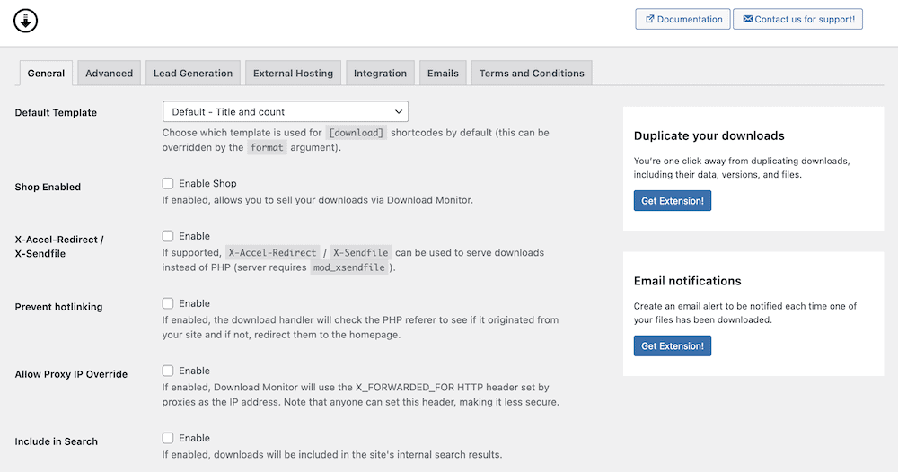 The Download Monitor Settings page.