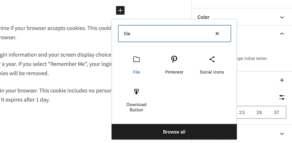 Selecting the File Block within WordPress.