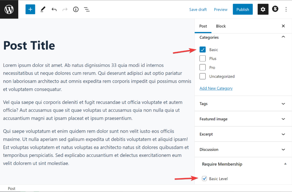 create post and select relevant membership category