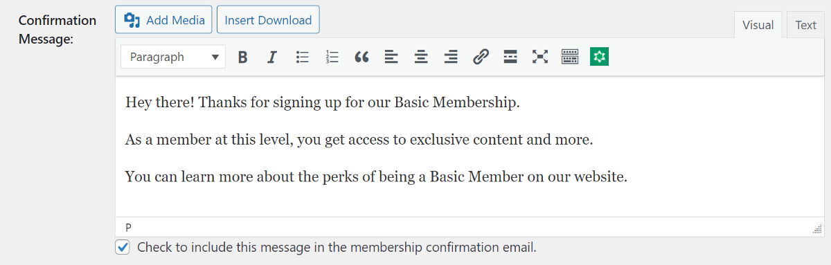 membership confirmation message