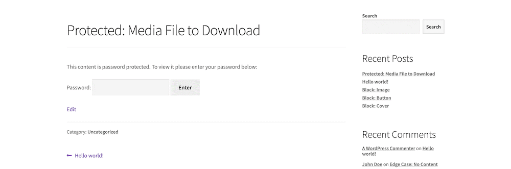 A post on the front-end of a WordPress website, showing a password entry field.