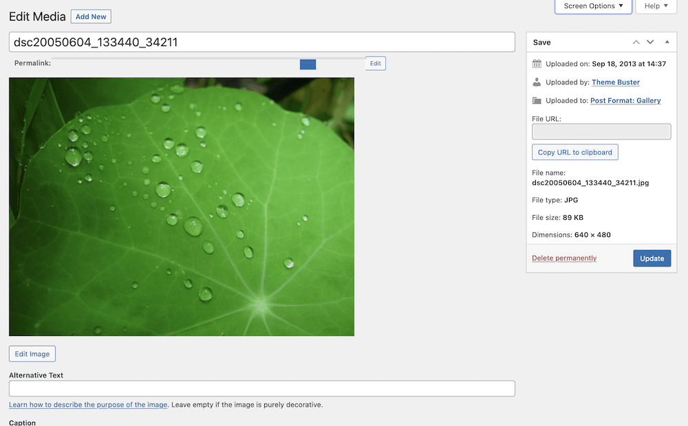 A media attachment edit page within WordPress.