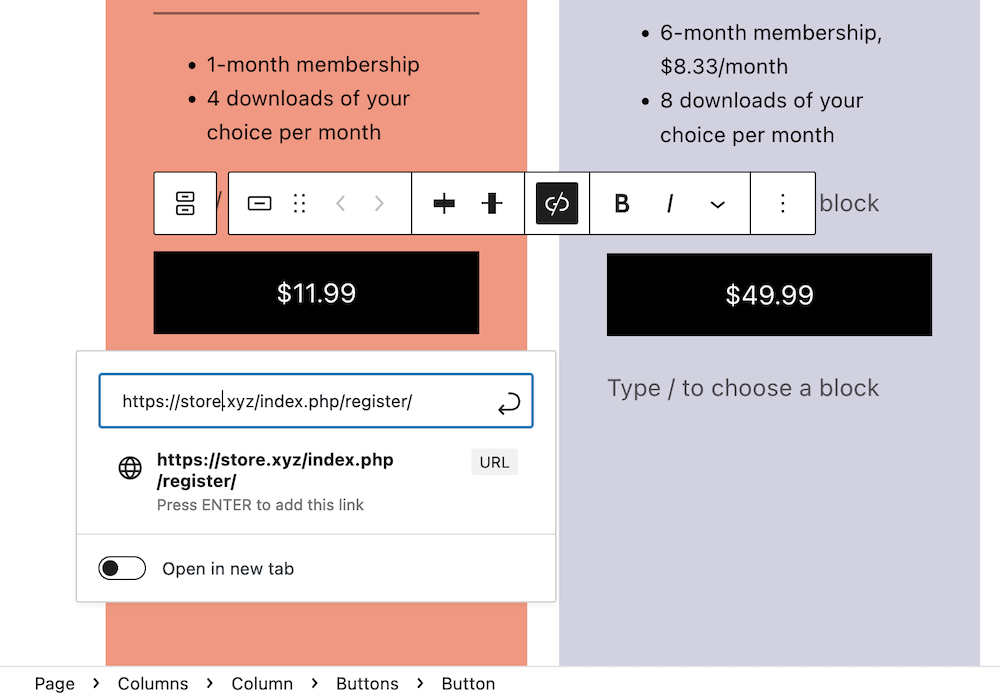 Adding a URL to each button within a pricing table.