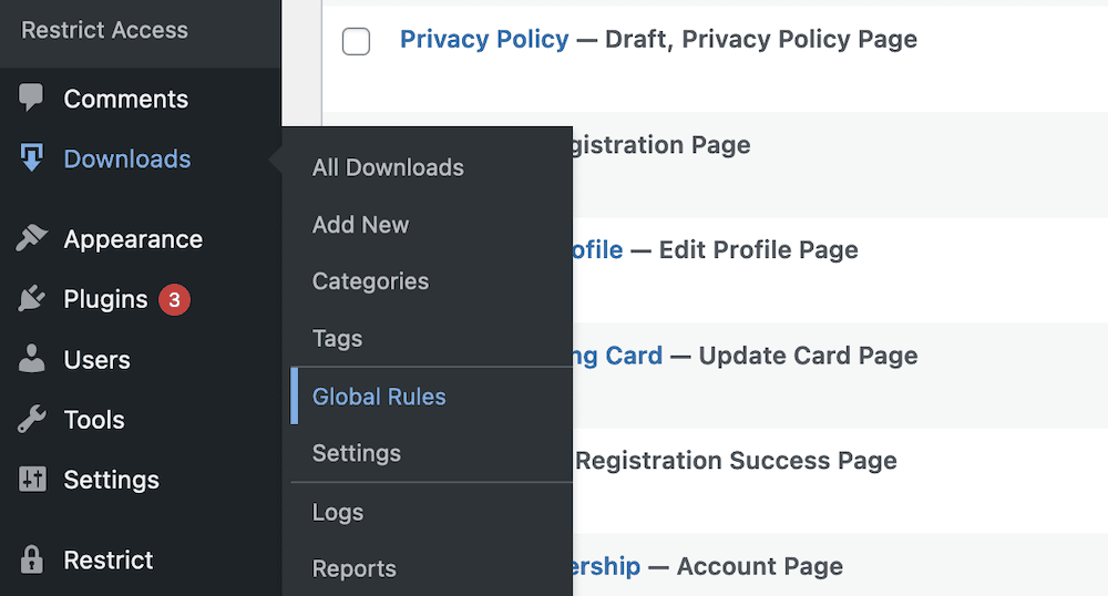 The link to the Global Rules page on the WordPress dashboard.