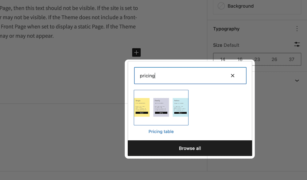 Adding a pricing table section to a WordPress page within the Block Editor.