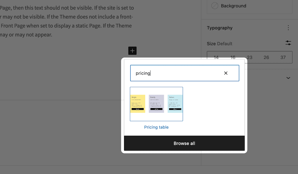 Adding a pricing table using the Block Editor.