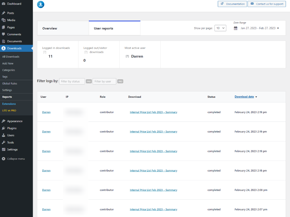 User reporting in Download Monitor