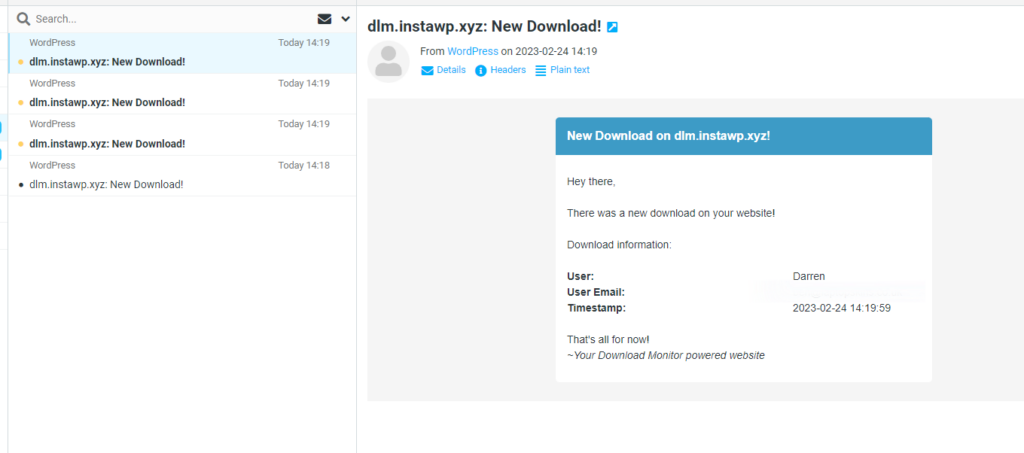 Example of email notifications