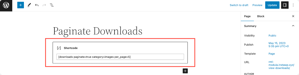 shortcode to paginate downloads