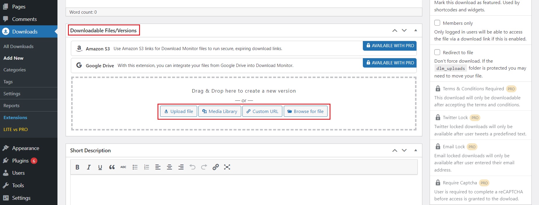 Uploading files area